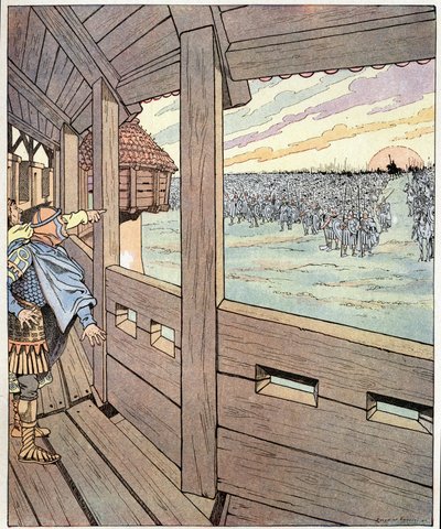 O homem de ferro, este é Charlemagne. Palavras de Ogger para o Rei dos Lombardos Didier quando ele apodreceu o Rei Carlos Magno ou Carlos I o Grande (742-814) do topo das muralhas de Pavia em 774. Ilustração de Jó (Jacques Marie Gaston Onfray e Breville de pseudonym for Onfray de Breville Jacques Job