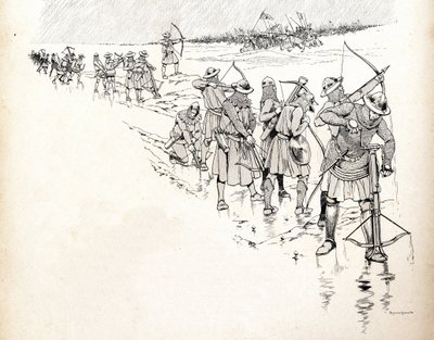 A chuva coloca os arqueiros do exército do rei francês Filipe VI dit Philippe de Valois (1293-1350) fora de batalha molhando as cordas dos arcos durante a Batalha de Crecy em 1346, no início da Guerra dos Cem Anos. Ilustração de Jó (Jacques de pseudonym for Onfray de Breville Jacques Job