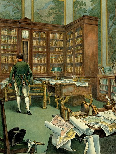 Gabinete de trabalho de Napoleão I Bonaparte (1769-1821) no primeiro andar do Palais des Tuileries enquanto era Primeiro Cônsul. Secretária com biblioteca e relógio construído em madeira. Ilustração de Jacques Marie Gaston Onfray de Breville dit JOB (1858- de pseudonym for Onfray de Breville Jacques Job