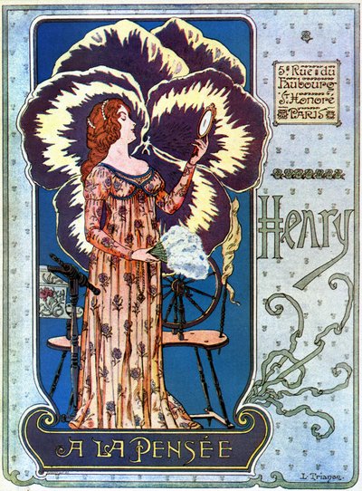 Art Nouveau: cartaz publicitário para a loja de cosméticos "Henry a la Thought" em Paris. Uma jovem mulher admira-se num espelho, atrás dela uma flor de pensamento. Ilustração de L. Trianon de pseudonym of Trinquier Louis Trinquier Trianon