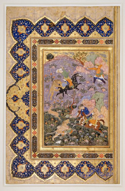 Caça aos animais selvagens, c.1540 (tinta, guache e ouro) de School Iranian