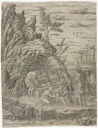 O sepultamento com os quatro pássaros de school of Andrea Mantegna