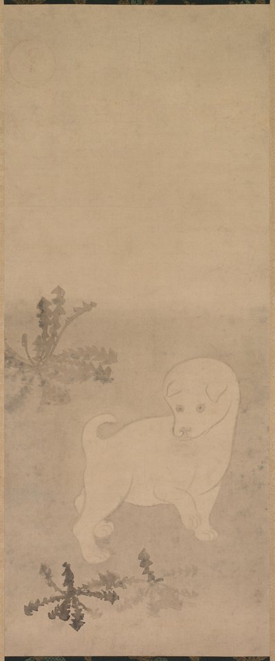Filhote de cachorro com dentes de leão de studio of Tawaraya Sōtatsu