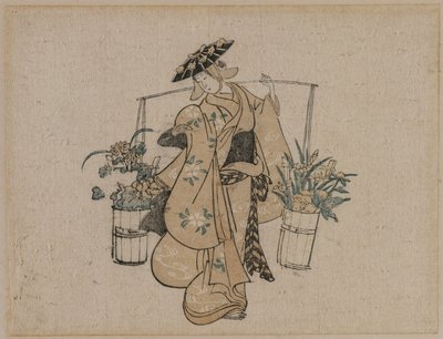 Uma bela carregando dois baldes de flores de style of Torii Kiyomasu