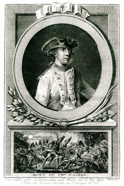 Retrato de Louis, chevalier d&39;Assas (1733-1760), e sua morte em Clostercamp em 1760 (gravura) (foto bw) de the Younger Dupin