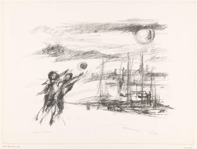 Pessoas no cais com navios de unknown (signed by artist)