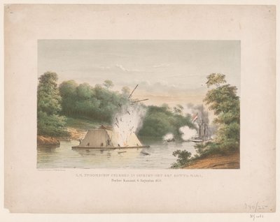 H.M. vapor Celebes em batalha com um kotta-mara. Poeloe Kanamit, 6 de Agosto de 1859 (título sobre o objecto) de weduwe Elias Spanier and Zn