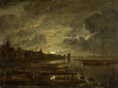 Uma aldeia em um rio ao luar, c.1645-1700 de Aert van der Neer