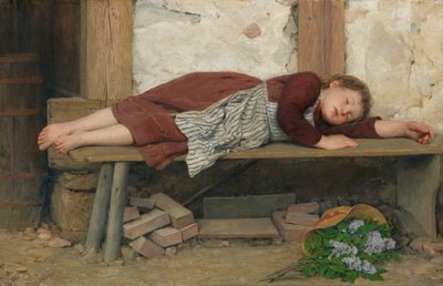 Menina dormindo em um banco de madeira de Albert Anker