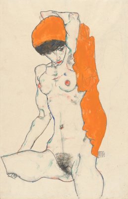 Standing Nude with Orange Drapery, 1914 (wc, guache e grafite sobre papel) de Egon Schiele
