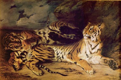 Jovem tigre brincando com sua mãe, 1830 de Ferdinand Victor Eugene Delacroix