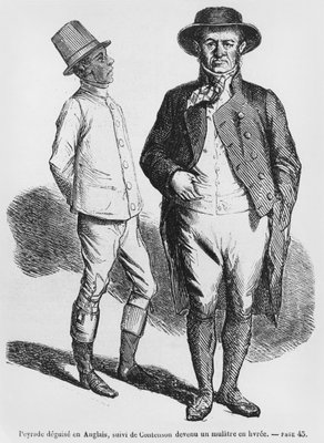 Peyrade disfarçado de inglês e Contenson de criado mulato, ilustração de  Splendeurs et Miseres des Courtesans de Honore de Balzac, publicada em 1867