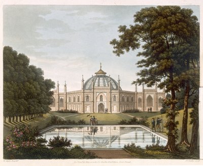 Pavilhão de Brighton: Proposta de vista do jardim com parte do Brighton Pavilion em segundo plano, gravada por JC Stadler, c.1816 de Humphry Repton