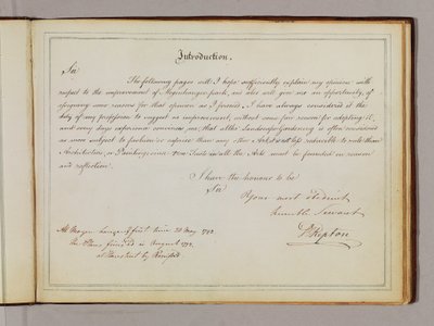 Página de &39;Red Books&39;, para &39;Mogenhanger em Bedfordshire, uma residência de Godfrey Thornton Esq.&39; de Humphry Repton