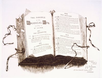 Uma Bíblia aberta na parábola do filho pródigo, 1881 de James Jacques Joseph Tissot