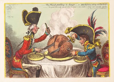 O pudim de ameixa em perigo ou estado epicures tomando un petit souper, pub. 1805 (gravura colorida à mão) de James Gillray