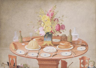 PD.869-1973 Natureza morta com um vaso de flores sobre uma mesa preparada para uma refeição, c.1810 (wc e guache) de Jean Louis Prevost