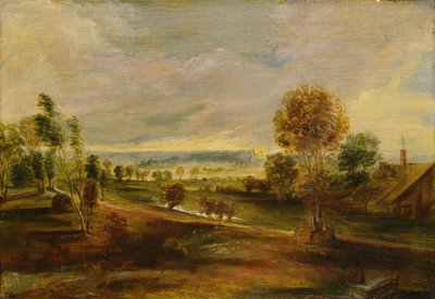 Paisagem, com, fazenda, edifícios :, pôr do sol, 17o século de Peter Paul Rubens