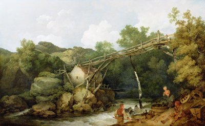 Uma vista perto de Matlock, Derbyshire com figuras trabalhando sob um transportador de madeira, 1785 de Philippe Jacques de Loutherbourg