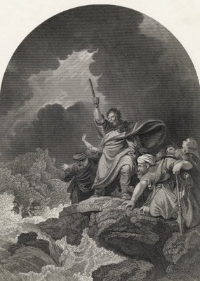 A destruição do hospedeiro do faraó, gravada por S. Allen, da "The National Illustrated Family Bible", publicada em 1870 de Philippe Jacques de Loutherbourg