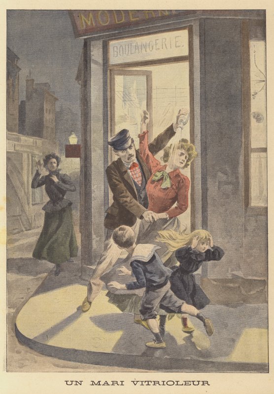 Um marido atacando sua esposa e filhos com vitríolo de French School