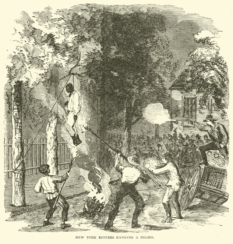 Motivadores de Nova Iorque pendurando uma pessoa negra, Julho de 1863 (gravura) de (after) American School