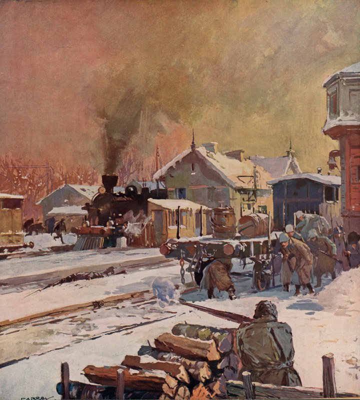 Batalha entre tropas vermelhas e brancas em uma estação ferroviária, Guerra Civil Russa de (after) Carrey