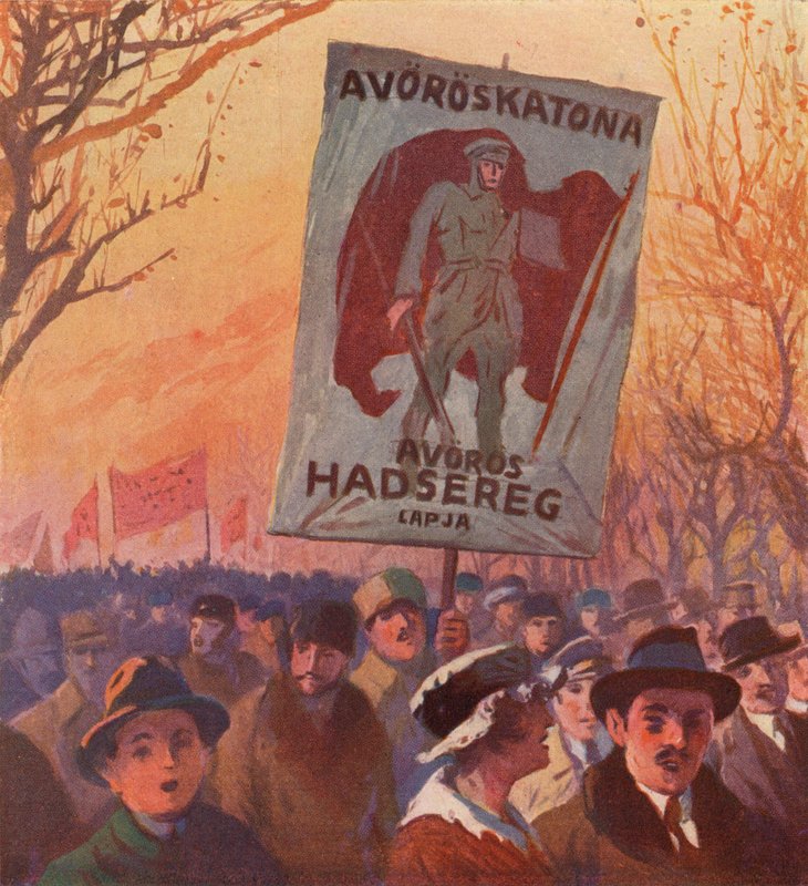 Demonstração é apoio ao recrutamento para o Exército Vermelho Russo, Budapeste, Hungria (cor litho) de (after) Carrey
