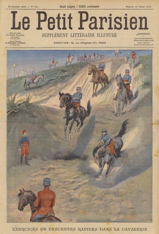 Cavalaria francesa praticando descida rápida e íngreme a cavalo (cor litho) de (after) Carrey
