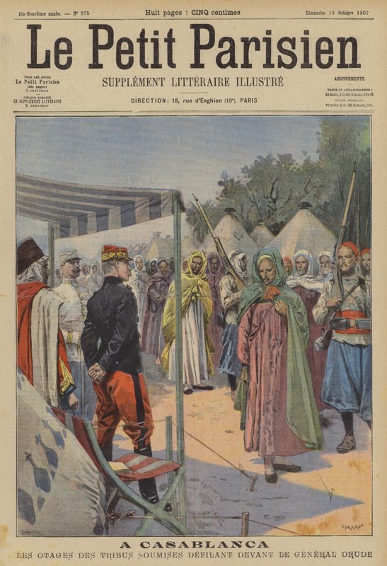 Reféns de tribos marroquinas subjugadas que passam pelo General Drude em Casablanca (cor litho) de (after) Carrey