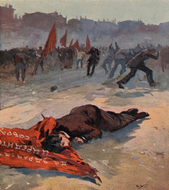 Matança de um activista do Partido Revolucionário Socialista chamado Gorbachevskaya pelos Guardas Vermelhos Bolcheviques durante uma manifestação, Petrogrado, Rússia de (after) Carrey