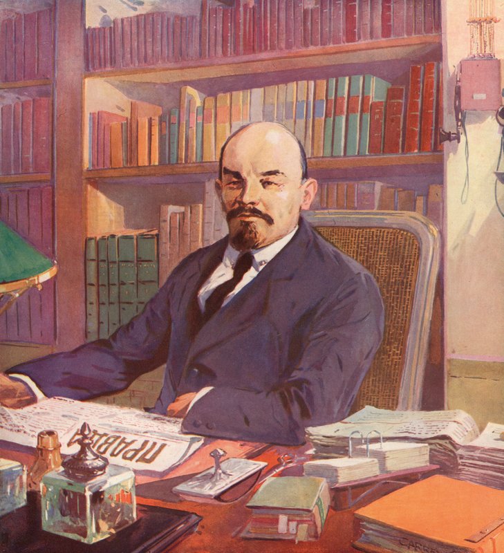 Lênin, líder bolchevique russo no seu escritório no Kremlin, Moscovo, URSS (cor litho) de (after) Carrey