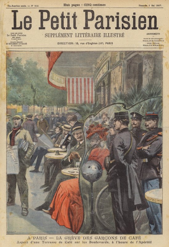 Greve por garçons de café em Paris (cor litho) de (after) Carrey