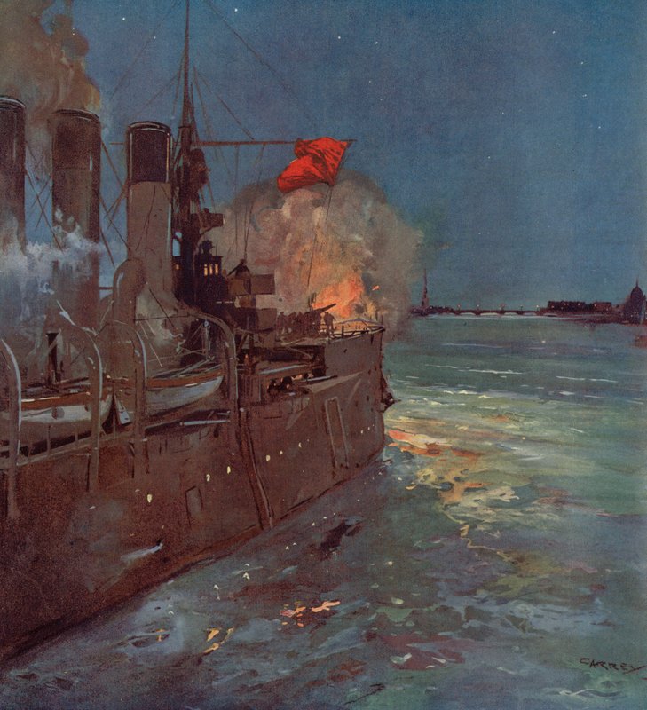 O cruzador russo Aurora disparando o tiro sinalizando a tempestade do Palácio de Inverno em Petrogrado, Revolução Russa, 25 de Outubro de 1917 (cor litho) de (after) Carrey