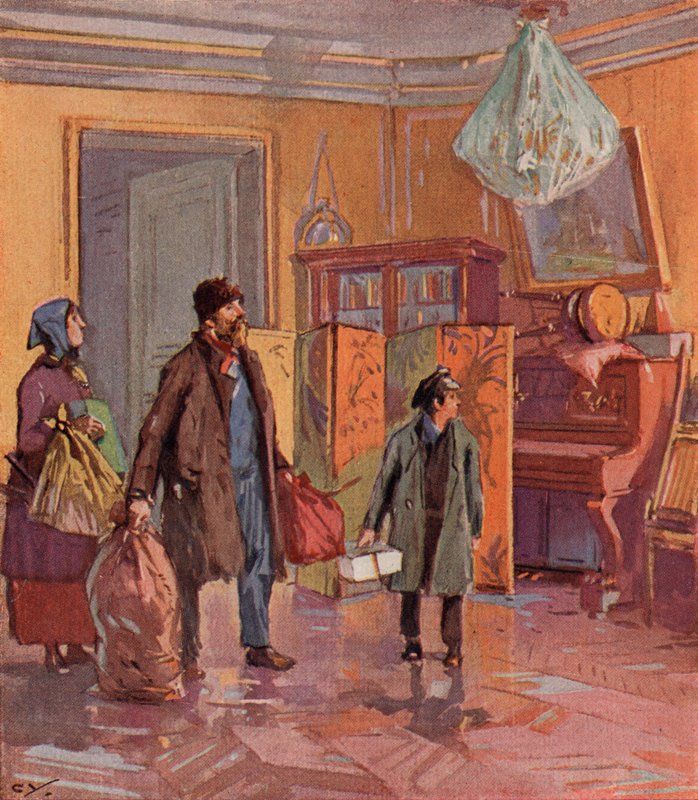 Família russa da classe trabalhadora que toma posse de um apartamento burguês após a Revolução (cor litho) de (after) Carrey