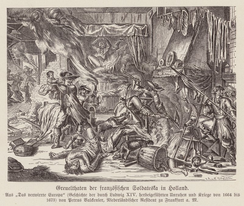 Atrocidades cometidas pelas tropas francesas na Holanda durante a guerra franco-holandesa (gravura) de (after) Dutch School