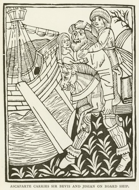 Ascaparte transporta Sir Bevis e Josian a bordo do navio (gravura) de (after) English School