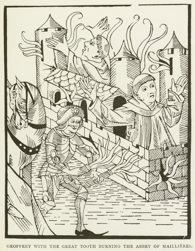 Geoffrey com o grande dente queimando a Abadia de Maillieres (gravura) de (after) English School