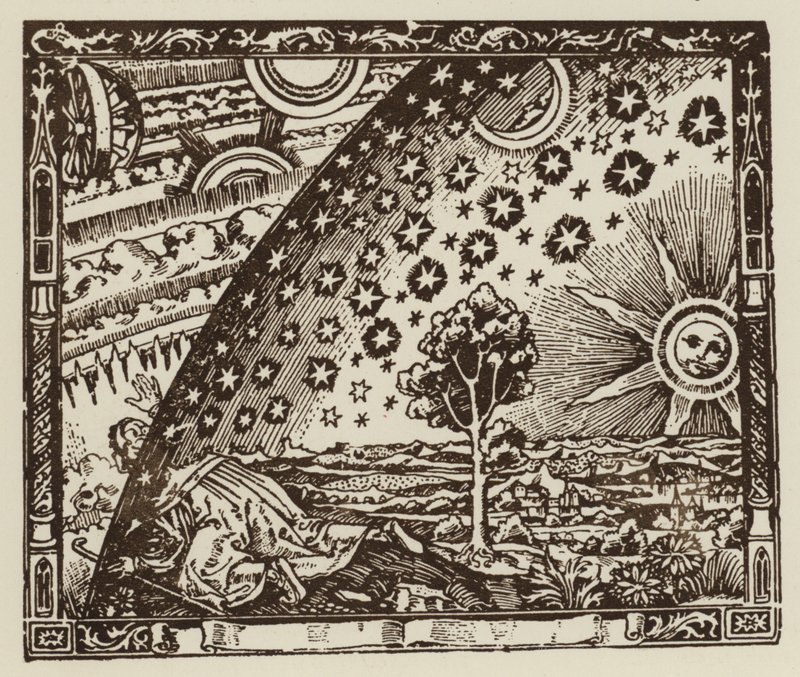 O homem viaja até aos confins da Terra, representação do universo na Idade Média (litho) de (after) English School