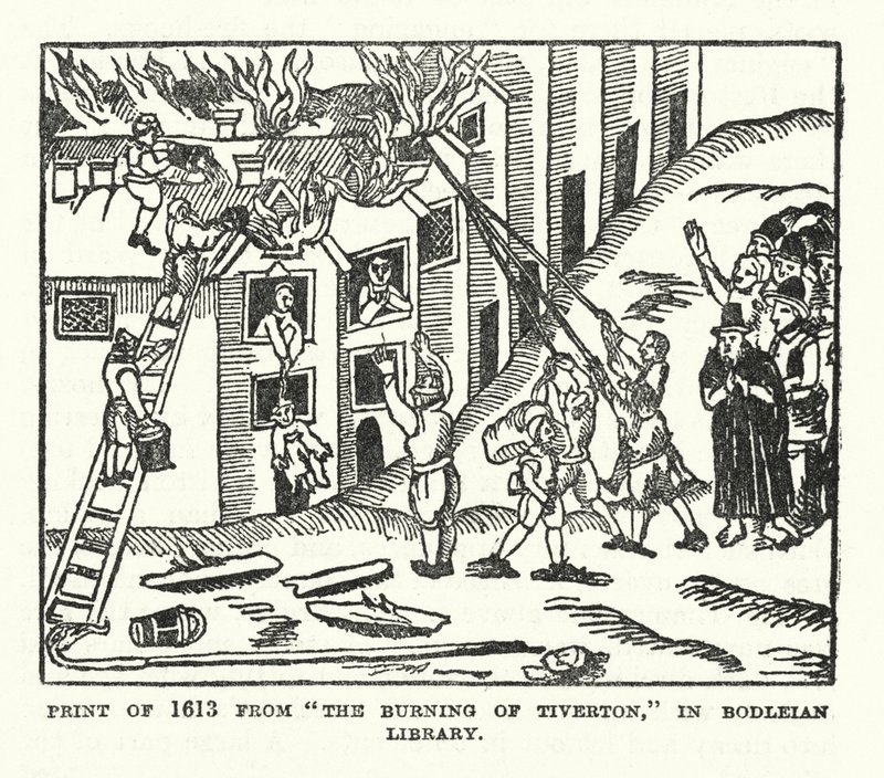 Impressão de 1613 de "The Burning of Tiverton" na Biblioteca Bodleian (litografia) de (after) English School