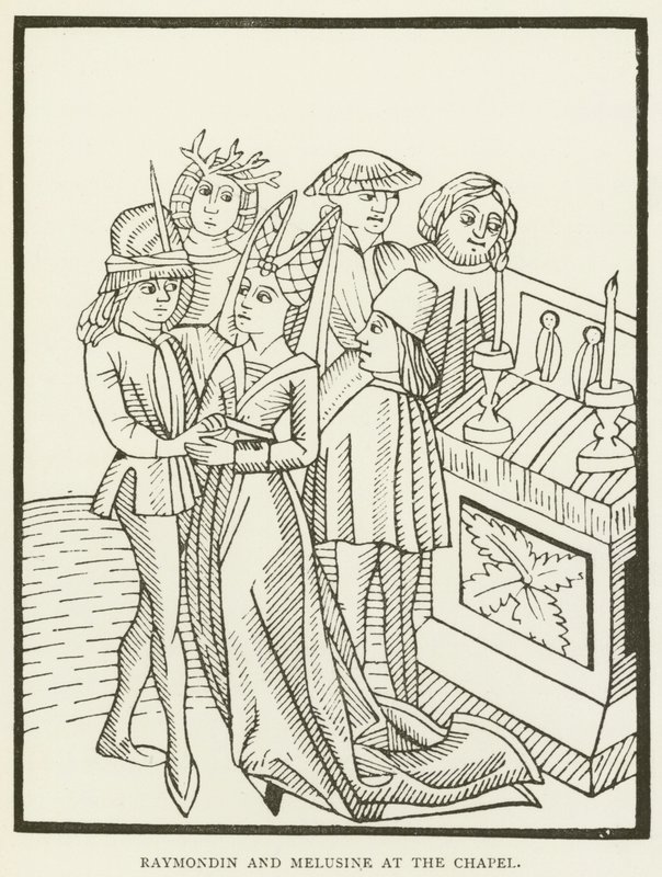Raymondin e Melusine na capela (gravura) de (after) English School