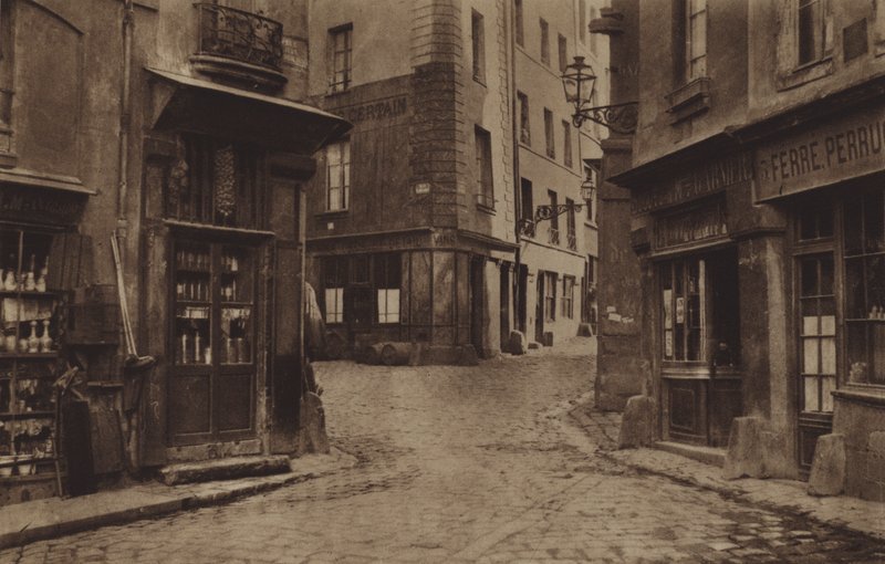 Esquina de Fromentel, Saint-Hilaire, Jean-de-Beauvais e o impasse das ruas Charretiere em 1866 (foto a p/b) de (after) French Photographer