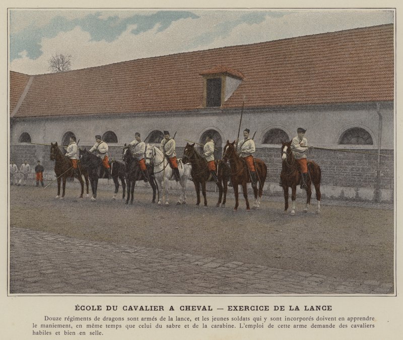 Escola de Cavaleiro a cavalo, Exercício da Lança (foto colorida) de (after) French Photographer