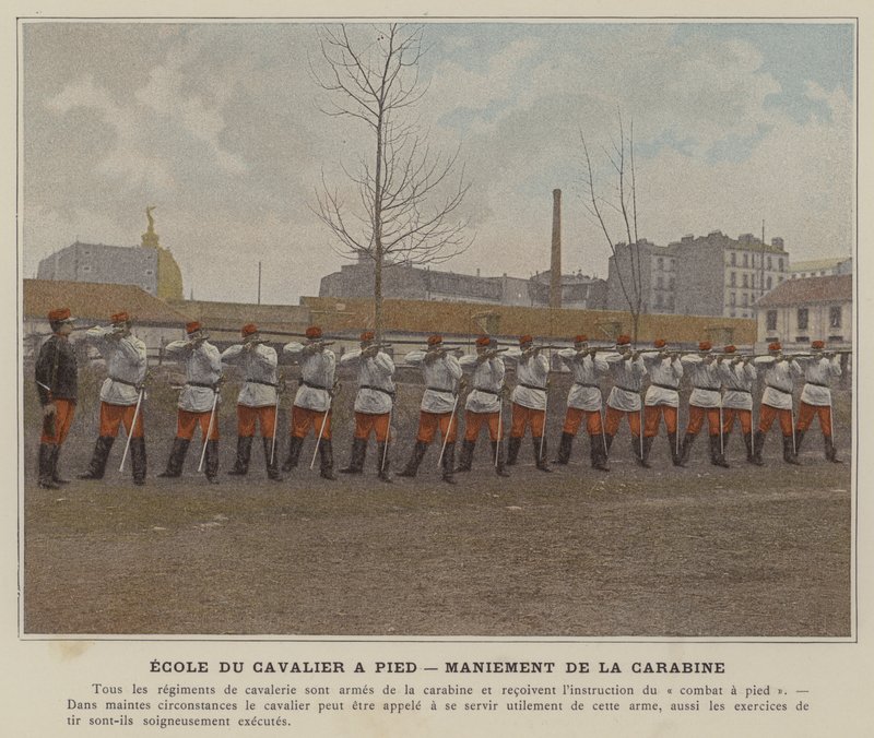 Rider on Foot School, Manuseio de espingardas (foto colorida) de (after) French Photographer