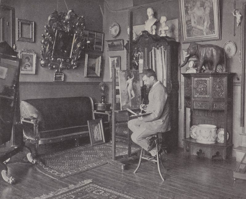 O pintor francês Henri Gervex no seu estúdio (foto a p/b) de (after) French Photographer