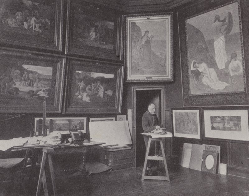 O pintor francês Pierre Puvis de Chavannes em seu estúdio (foto a p/b) de (after) French Photographer