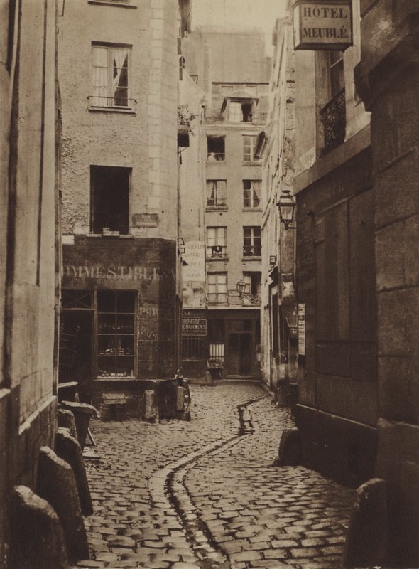 Rue des Trois-Cannettes em 1865, foi o local do novo Hotel-Dieu (foto a p/b) de (after) French Photographer