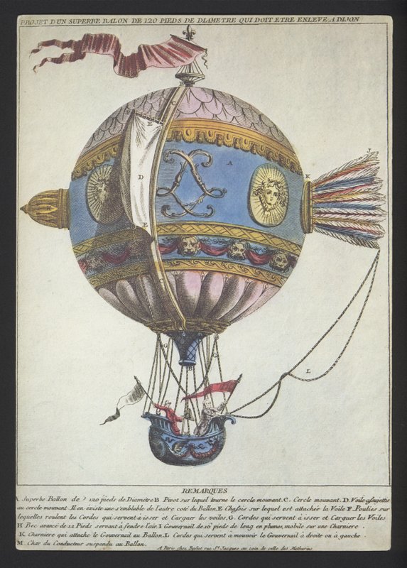Desenho para um balão de 120 pés de diâmetro para fazer uma subida a partir de Dijon (gravura colorida) de (after) French School