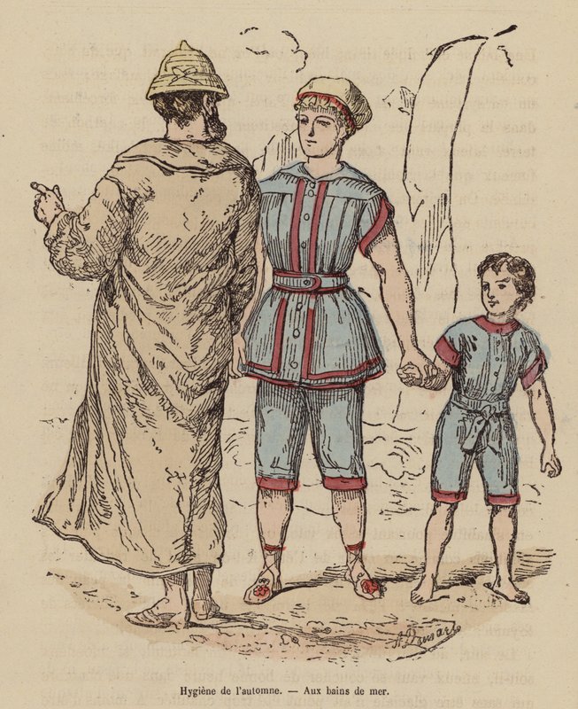 Família à beira-mar no outono (gravura a cores) de (after) French School
