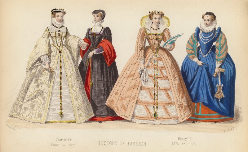 A moda em França: Carlos IX 1560 a 1574; Henrique III 1574 a 1589 (gravura a cores) de (after) French School